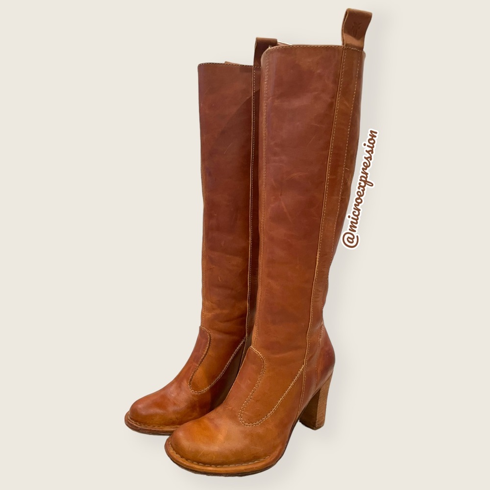 $399 Frye Villager Pull On Knee High Cognac Leather Tall Heeled Distressed Boot - Picture 9 of 15